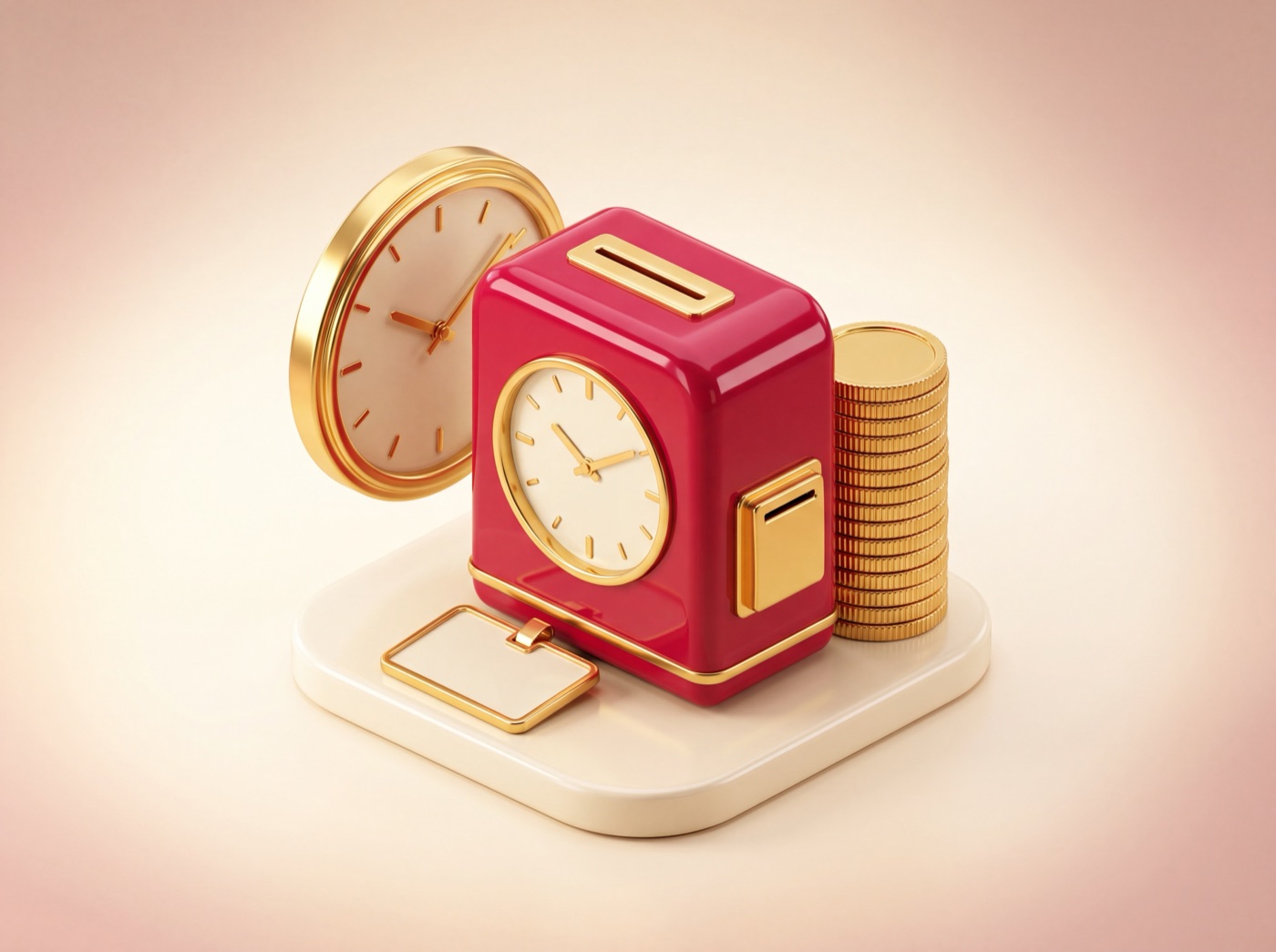 Crimson time-clock, gold clock and coins — HR Workspace timesheet and payroll