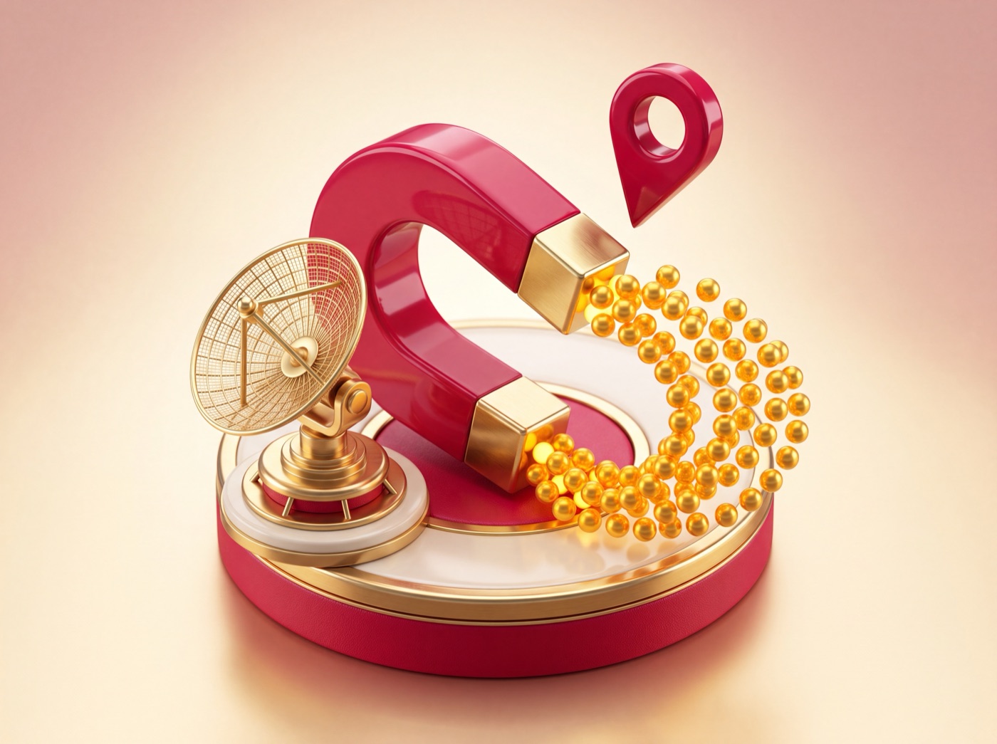 A crimson magnet pulling in glowing gold spheres — LeadMind lead generation app