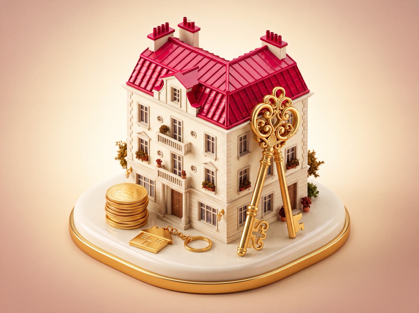 Cream apartment building with a gold key and coins — RentFlow rent management