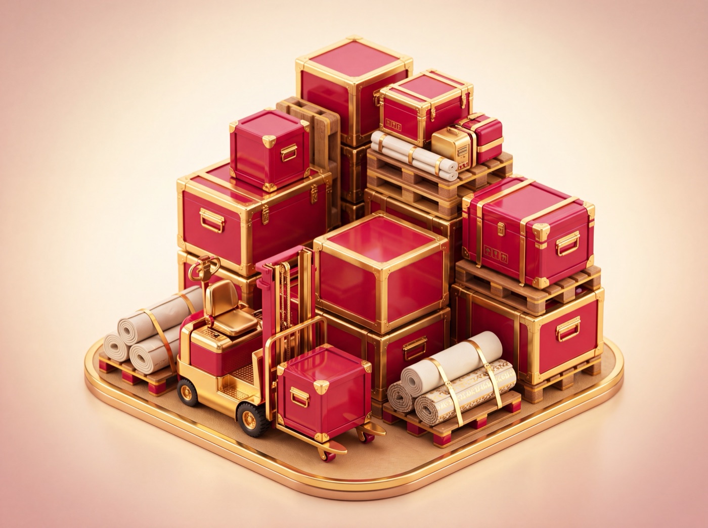 Crimson and gold stacked crates with a gold hand-truck — Site Inventory for construction