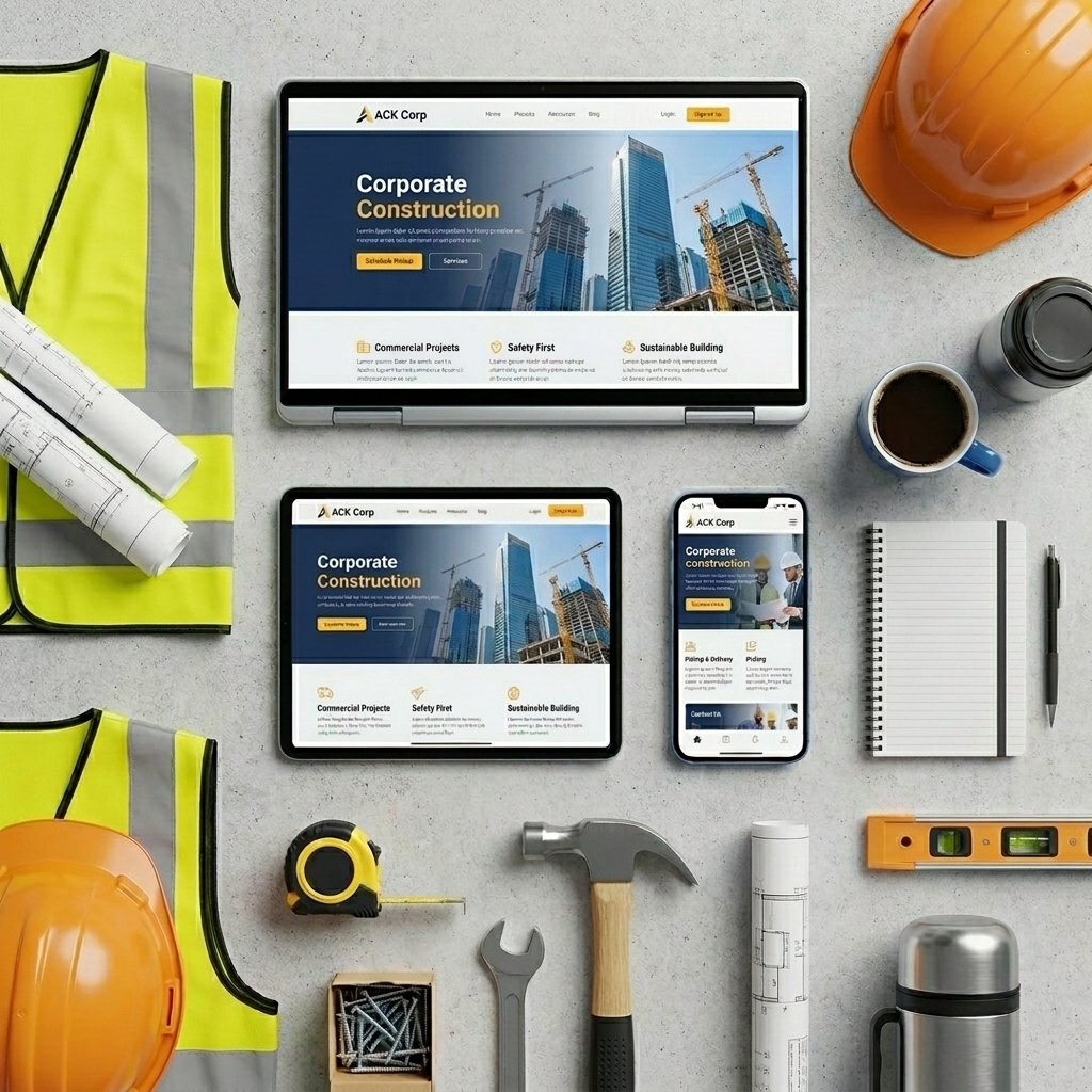 ACK Corp construction & architecture website shown across a laptop, tablet and phone