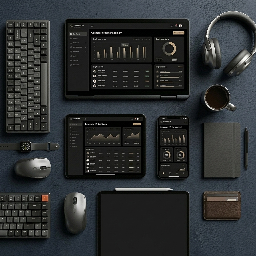 WitZone HRMS workspace dashboard shown across a laptop, tablet and phone