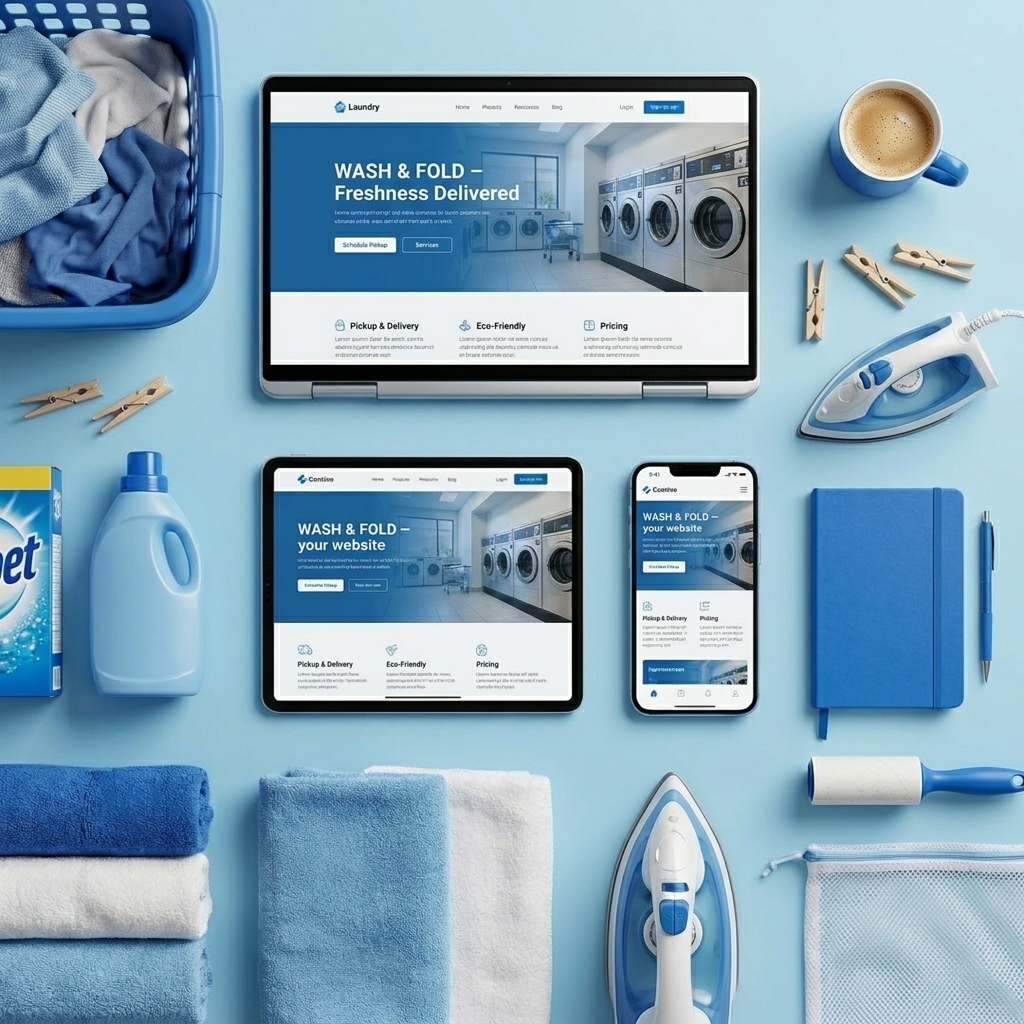 LaundroSpin premium laundry website shown across a laptop, tablet and phone