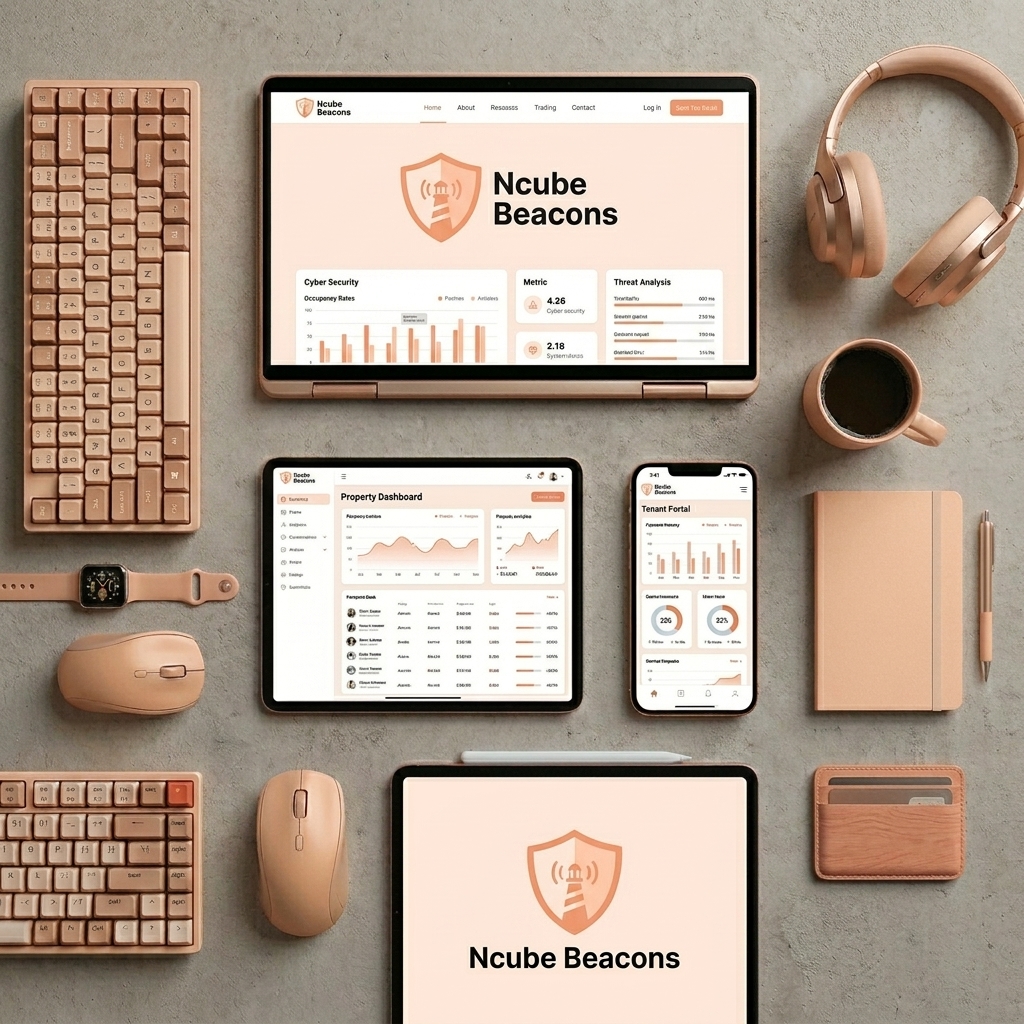 Ncube Beacons website shown across a laptop, tablet and phone